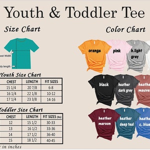 May include: Size chart for youth and toddler t-shirts. The chart shows chest and length measurements in inches, as well as the corresponding age range. The color chart shows a variety of t-shirt colors, including orange, pink, light grey, white, black, heather dark grey, heather mauve, heather maroon, heather deep teal, and heather c. blue.