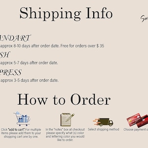 Puede incluir: Imagen con texto: "Shipping Info" y "How to Order." Las instrucciones incluyen seleccionar dise&ntilde;o, tama&ntilde;o y color, agregar art&iacute;culos al carrito, especificar color y letras, seleccionar env&iacute;o y elegir pago. El logotipo de Swee Tee Shirt est&aacute; en la parte superior derecha.
