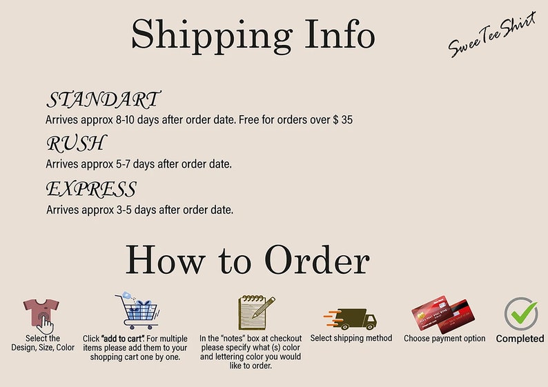 Puede incluir: Imagen con texto: "Shipping Info" y "How to Order." Las instrucciones incluyen seleccionar dise&ntilde;o, tama&ntilde;o y color, agregar art&iacute;culos al carrito, especificar color y letras, seleccionar env&iacute;o y elegir pago. El logotipo de Swee Tee Shirt est&aacute; en la parte superior derecha.