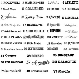 May include: A white background displays 41 different font styles, each labeled with a number. The fonts vary in style, including serif, sans-serif, script, and display fonts. Some fonts are bold, while others are more delicate.