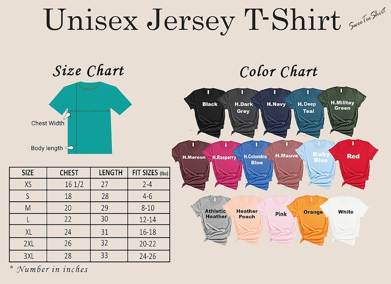 May include: Unisex jersey t-shirt size chart with measurements in inches and corresponding weight ranges. Color chart shows 15 different t-shirt colors, including black, navy, teal, red, pink, and white.