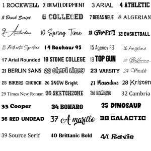 Pu&ograve; includere: Un grafico con 41 nomi di font diversi, ognuno con un numero e un campione del font. I nomi dei font includono Rockwell, Bewilderment, Arial, Athletic, Brush Script, Colleged, Bebas Neue, Algerian, Amsterdam, Spring Time, Graffiti, Basketball, Authentic Signature, Bauhaus 93, Agency FB, Angelina, Belfarina, Vivaldi, Bikers Church, Snow Bright, Masculine, Kristen, Times New Roman, Sketchzone, Bombing, Cambria, Cooper, Bonaro, Dinosaur, Red Undead, Amarillo, Galactic, Source Serif, Brittanic Bold e Ravie.
