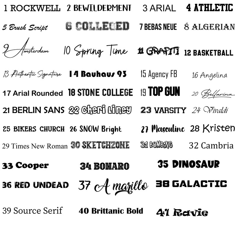Pu&ograve; includere: Un grafico con 41 nomi di font diversi, ognuno con un numero e un campione del font. I nomi dei font includono Rockwell, Bewilderment, Arial, Athletic, Brush Script, Colleged, Bebas Neue, Algerian, Amsterdam, Spring Time, Graffiti, Basketball, Authentic Signature, Bauhaus 93, Agency FB, Angelina, Belfarina, Vivaldi, Bikers Church, Snow Bright, Masculine, Kristen, Times New Roman, Sketchzone, Bombing, Cambria, Cooper, Bonaro, Dinosaur, Red Undead, Amarillo, Galactic, Source Serif, Brittanic Bold e Ravie.