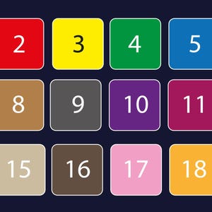 May include: A grid of nineteen colored squares, each with a number from 1 to 19. The squares are in a 5x4 arrangement, with colors including black, red, yellow, green, blue, white, pink, brown, gray, purple, and orange.