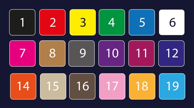 May include: A grid of nineteen colored squares, each with a number from 1 to 19. The squares are in a 5x4 arrangement, with colors including black, red, yellow, green, blue, white, pink, brown, gray, purple, and orange.