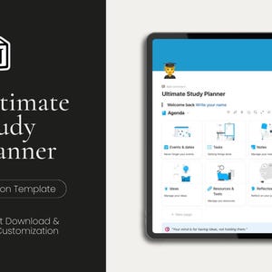 May include: A digital tablet displays a study planner interface with a blue and white color scheme. The screen shows the text "Ultimate Study Planner" and icons for events, tasks, and notes. The left side features the Notion logo and text: "Ultimate Study Planner, Notion Template, Instant Download & Easy Customization."