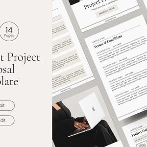 Può includere: Un modello di proposta di progetto cliente di 14 pagine, progettato in Canva. Il modello include sezioni per termini e condizioni e dettagli del progetto. Il design è in formato A4 verticale ed è facile da modificare.