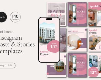 May include: A collection of real estate Instagram post and story templates. The design features a smartphone displaying a building image with a pink circle and the text "Discount 45%" and "Special Promo." Other templates include interior design images.