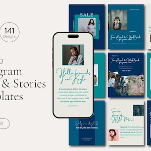 May include: A digital product showcasing Instagram post and story templates for coaching. The design features a smartphone displaying a template, with additional templates in teal and navy blue. The Canva logo and text "Easy to Edit" are also visible.