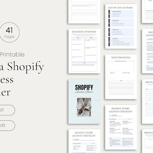 May include: A digital and printable Canva Shopify Business Planner with 41 pages in A4 portrait format. The set includes various templates such as business overview, day by day actions, shop branding, product keywords, and Shopify store launch checklists.