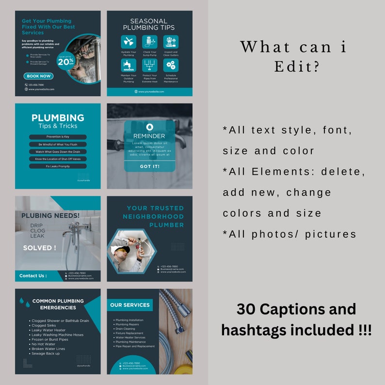May include: A set of nine social media graphics for a plumbing business. The graphics feature a blue and black color scheme with images of plumbing tools and a plumber. The text on the graphics includes "Get Your Plumbing Fixed With Our Best Services", "Seasonal Plumbing Tips", "Plumbing Tips & Tricks", "Plubing Needs! Drip Clog Leak Solved!", "Your Trusted Neighborhood Plumber", "Common Plumbing Emergencies", "Our Services", and "30 Captions and hashtags included!!".