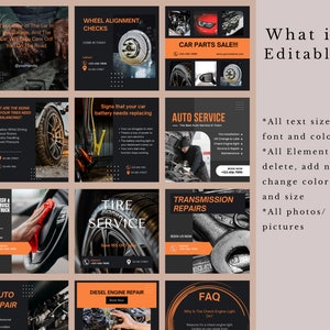 May include: A set of nine social media post templates for an auto repair shop. The templates feature images of car parts, tools, and mechanics. The text on the templates includes phrases like "Wheel Alignment Checks", "Car Parts Sale", "Auto Service", "Transmission Repairs", "Wash & Service Car & Truck", "Tyre Service", "Auto Repair", "Diesel Engine Repair", and "FAQ".