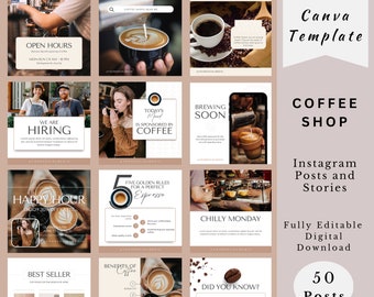 May include: A digital template for a coffee shop, featuring Instagram posts and stories. The design includes images of coffee drinks, text like "Open Hours," "We are Hiring," and "Happy Hour," and the phrase "Fully Editable Digital Download."