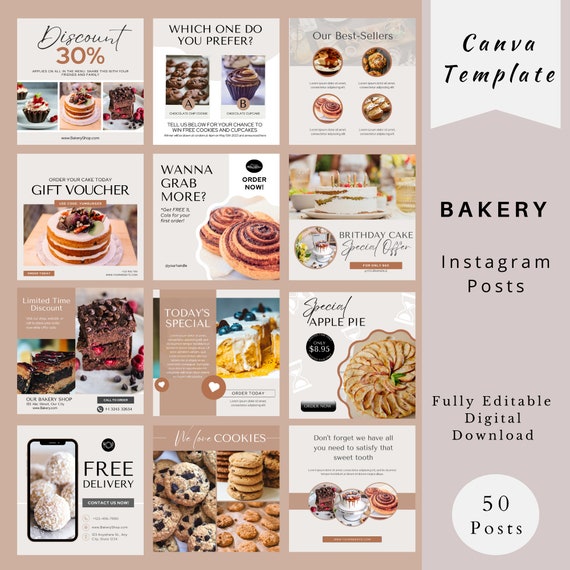 Bakery Instagram Post Templates, Café Instagram Template, Cake Business Social Media, Coffee Bake Shop Template, Healthy Eating Marketing