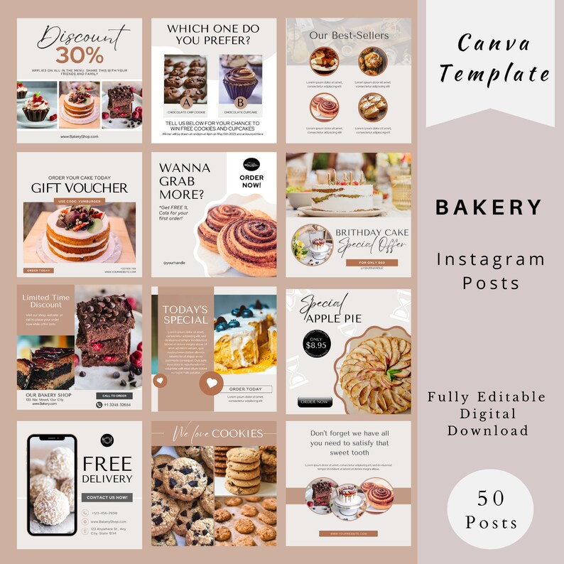 May include: A set of nine Instagram post templates for a bakery. The templates feature a variety of baked goods, including cakes, cupcakes, cookies, and pies. The templates are designed in a modern and minimalist style with a neutral colour palette of beige, brown, and white. The text on the templates includes phrases such as "Discount 30%", "Order Your Cake Today", "Wanna Grab More?", "Today's Special", "Special Apple Pie", "Free Delivery", and "We Love Cookies".