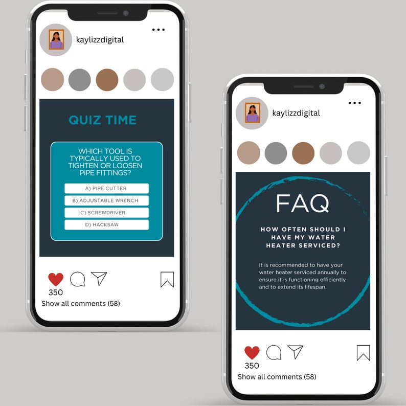 May include: Two Instagram posts with a teal background and white text. The first post is a quiz asking "Which tool is typically used to tighten or loosen pipe fittings?" with multiple choice answers. The second post is a FAQ asking "How often should I have my water heater serviced?" with the answer "It is recommended to have your water heater serviced annually to ensure it is functioning efficiently and to extend its lifespan."