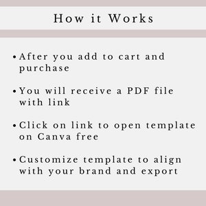 May include: How it Works: A list of steps explaining how to use a digital template. After purchasing, you will receive a PDF file with a link to a Canva template. You can customise the template and export it.