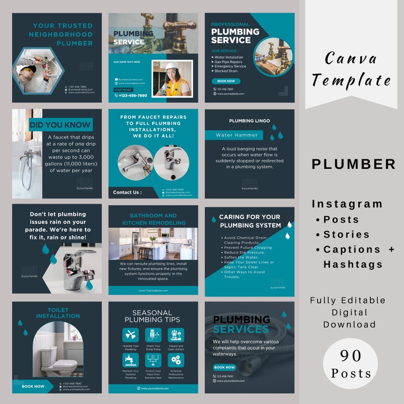 May include: A set of nine Instagram post templates for a plumber. The templates feature a blue and gray color scheme with images of plumbing fixtures and text about plumbing services. The text includes "Your Trusted Neighborhood Plumber", "Plumbing Service", "Did You Know", "From Faucet Repairs to Full Plumbing Installations, We Do It All!", "Don't Let Plumbing Issues Rain on Your Parade. We're Here to Fix It, Rain or Shine!", "Bathroom and Kitchen Remodeling", "Caring for Your Plumbing System", "Toilet Installation", "Seasonal Plumbing Tips", "Plumbing Services", "Plumbing Lingo: Water Hammer", and "Instagram Posts, Stories, Captions + Hashtags".