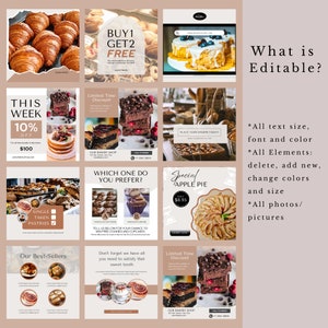 May include: A set of nine Instagram post templates for a bakery. The templates feature a variety of baked goods, including croissants, cupcakes, apple pie, and chocolate cake. The templates are designed in a modern style with a neutral colour palette and include text such as "Buy 1 Get 2 Free", "This Week 10% Off", "Our Best-Sellers", and "Limited Time Discount".