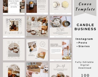 May include: A collection of Instagram post templates for a candle business. The templates feature images of candles, wax, and other candle-making supplies. The text on the templates includes phrases like "Restock", "What's your preferred wax?", "Why we love soy wax", and "How to make coconut wax candle like a pro!"