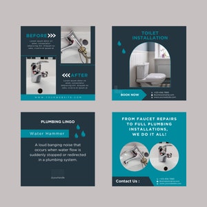 May include: A social media post for a plumbing company. The post features four images. The first image shows a faucet before and after being repaired. The second image shows a toilet installation. The third image shows a plumbing term, "Water Hammer", and its definition. The fourth image shows a faucet and the text "From faucet repairs to full plumbing installations, we do it all!" The post includes the company's contact information and website.