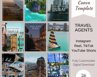 Vídeos de carretes de Instagram de agentes de viajes, vídeos cortos de TikTok YouTube, plantillas de Canva, carretes de Instagram de bloggers de viajes, marketing en redes sociales