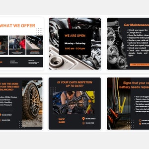 May include: Six black and orange Instagram story templates for an auto repair shop. The templates feature images of car parts, a mechanic working on a car, and text about car maintenance tips, signs that your tyres need balancing, and signs that your car battery needs replacing.