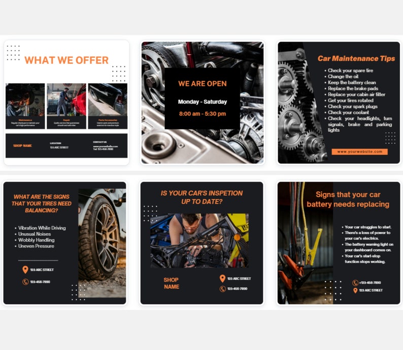 May include: Six black and orange Instagram story templates for an auto repair shop. The templates feature images of car parts, a mechanic working on a car, and text about car maintenance tips, signs that your tyres need balancing, and signs that your car battery needs replacing.