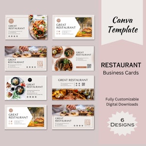 Modelo de cartão de visita de restaurante, cartão imprimível moderno com código QR, marketing de serviços de alimentação, cartão telefônico editável para pequenas empresas Canva
