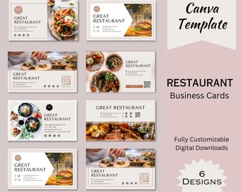 May include: Six different designs for restaurant business cards. Each card features a different food image and the text "Great Restaurant" with contact information. The cards are customizable and available for digital download.