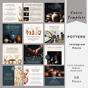 Puede incluir: Una colección de 50 plantillas de publicaciones de Instagram para alfareros. Las plantillas incluyen imágenes de cerámica, texto sobre cerámica y la frase "Potters Instagram Posts".
