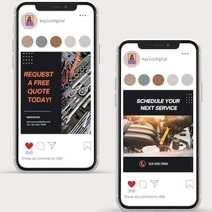May include: Two Instagram posts for an auto repair shop. The first post features a photo of a variety of tools and the text "REQUEST A FREE QUOTE TODAY!" The second post features a photo of an engine and the text "SCHEDULE YOUR NEXT SERVICE". Both posts have a call to action button and a contact number.
