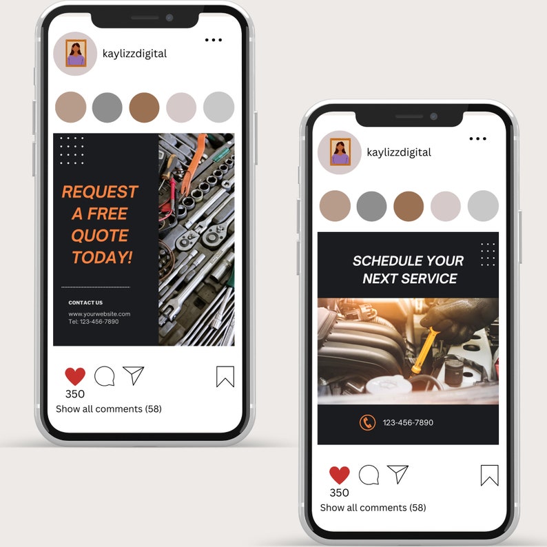 May include: Two Instagram posts for an auto repair shop. The first post features a photo of a variety of tools and the text "REQUEST A FREE QUOTE TODAY!" The second post features a photo of an engine and the text "SCHEDULE YOUR NEXT SERVICE". Both posts have a call to action button and a contact number.