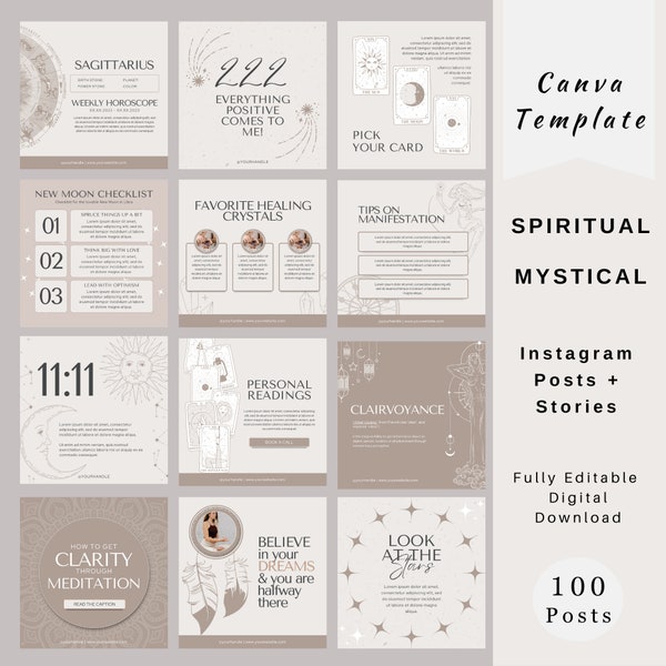 Modèles de publication Instagram spirituels, modèles Instagram mystiques, médias sociaux Moon Magic, cristal, astrologie, zodiaque, postes d'énergie de guérison