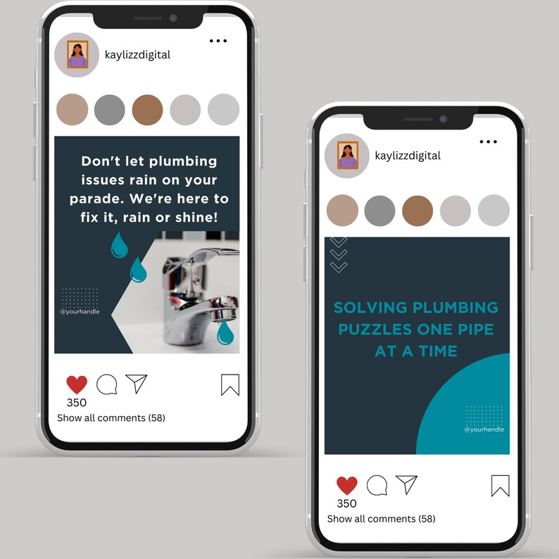 May include: Two Instagram posts with a blue and gray color scheme. The first post features a silver faucet with water droplets and the text "Don't let plumbing issues rain on your parade. We're here to fix it, rain or shine!" The second post features the text "Solving plumbing puzzles one pipe at a time."