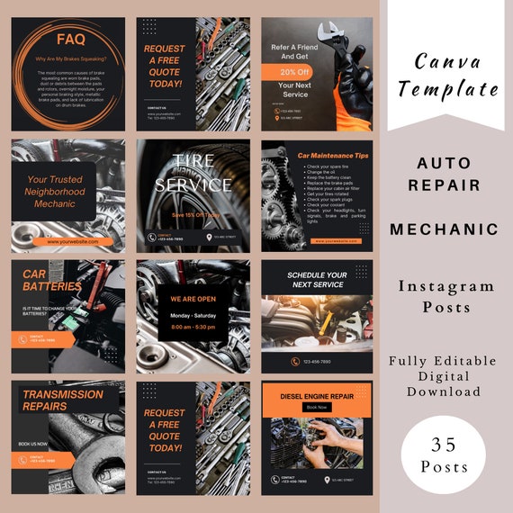 Mechanic Instagram Post Templates, Auto Repair Shop Instagram, Car Wash Services, Automotive Shop Marketing, Car Repair Feed Template