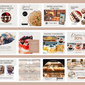 May include: A collage of images promoting a bakery. The images feature various pastries, cakes, and desserts, including apple pie, cupcakes, and birthday cakes. The text in the images includes "Craving a Really Good Dessert?", "Special Apple Pie", "We're Waiting For You", "Pastry Menu", "Pastry Favourites", "Discount 30%", "Which One Do You Prefer?", "People Who Love to Eat Are Always the Best People", "Our Bakery Shop", and "Birthday Cake Special Offer".