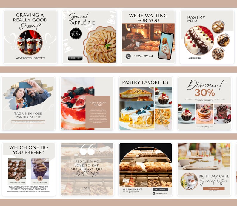 May include: A collage of images promoting a bakery. The images feature various pastries, cakes, and desserts, including apple pie, cupcakes, and birthday cakes. The text in the images includes "Craving a Really Good Dessert?", "Special Apple Pie", "We're Waiting For You", "Pastry Menu", "Pastry Favourites", "Discount 30%", "Which One Do You Prefer?", "People Who Love to Eat Are Always the Best People", "Our Bakery Shop", and "Birthday Cake Special Offer".