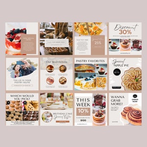 May include: A collage of nine Instagram posts promoting a bakery. The posts feature various pastries, cakes, and pies, including a vegan menu, birthday cake specials, and a discount on apple pie. The posts also include calls to action, such as tagging the bakery in a pastry selfie and ordering online.