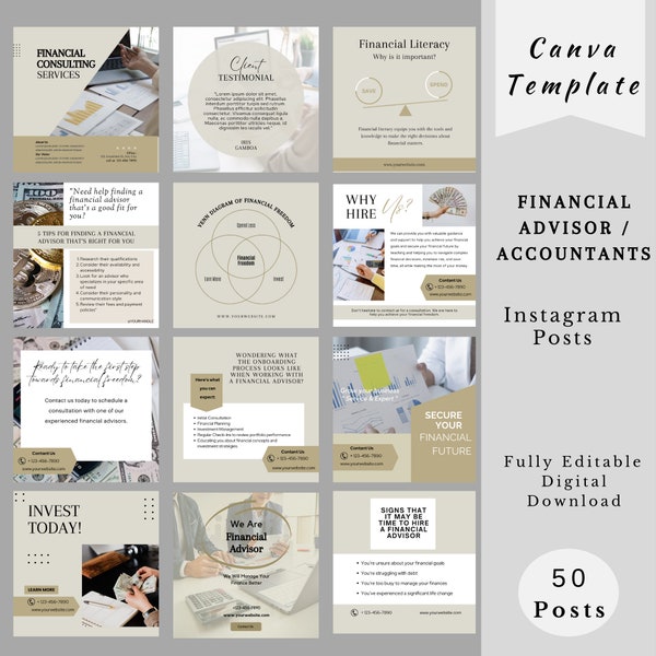 Financial Advisor Instagram Templates, 50 Posts for Accountants, Accountant Marketing Posts, Financial Advisor Social Media Templates, Canva