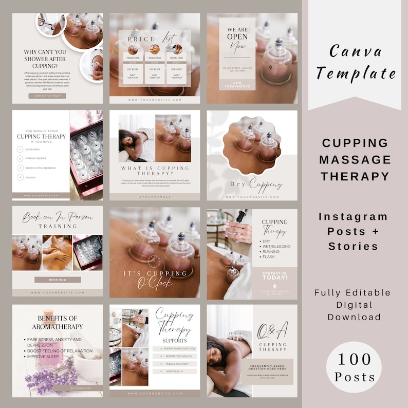 Inlägg om koppningsterapi på sociala medier, hijama-mall för Instagram, inlägg om koppningsmassage, Instagram-story, inlägg om hijama-engagemang bild 1