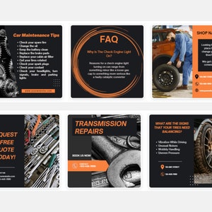 May include: A collage of six images promoting car maintenance services. The images feature a variety of car parts, tools, and a mechanic working on a car. The text on the images includes "Car Maintenance Tips", "FAQ", "Transmission Repairs", "What are the signs that your tyres need balancing?", "Request a free quote today!" and "Shop Name".