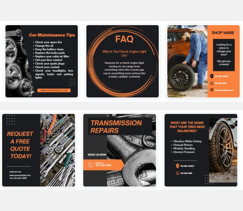 May include: A collage of six images promoting car maintenance services. The images feature a variety of car parts, tools, and a mechanic working on a car. The text on the images includes "Car Maintenance Tips", "FAQ", "Transmission Repairs", "What are the signs that your tyres need balancing?", "Request a free quote today!" and "Shop Name".