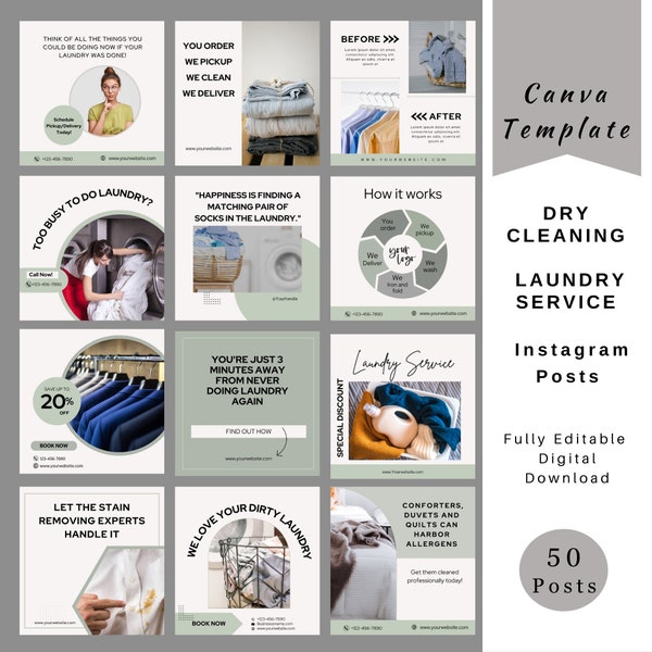 Laundry Service Instagram Post Template, Dry Cleaning Social Media Posts, Laundromat Service Posts, Laundry Service Marketing, Ready to Post