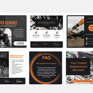 May include: Six social media post designs for an auto repair shop. The posts feature images of car parts, a mechanic working on a car, and text about the shop's services. The text includes phrases like "Auto Service", "Maintenance and Repair Services", "FAQ", "Your Trusted Neighbourhood Mechanic", and "We Are Offering 30% Off Your Next Oil Change".