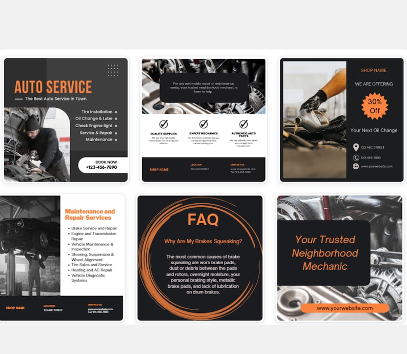 May include: Six social media post designs for an auto repair shop. The posts feature images of car parts, a mechanic working on a car, and text about the shop's services. The text includes phrases like "Auto Service", "Maintenance and Repair Services", "FAQ", "Your Trusted Neighbourhood Mechanic", and "We Are Offering 30% Off Your Next Oil Change".