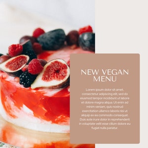 May include: A red vegan cake decorated with fresh figs, raspberries, and blackberries. The cake is on a white surface. Text overlay reads "NEW VEGAN MENU" with a description of the vegan menu.