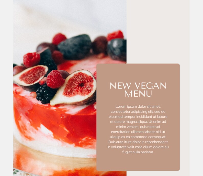 May include: A red vegan cake decorated with fresh figs, raspberries, and blackberries. The cake is on a white surface. Text overlay reads "NEW VEGAN MENU" with a description of the vegan menu.