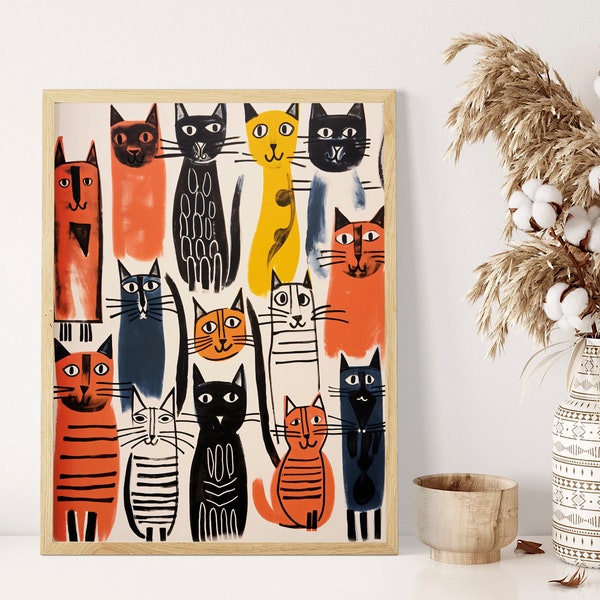 Gathering of The Cats: Cute, Warm, and Fun Illustration Art Print - A2, A3, A4 - Feline Charm for Your Space, Autumnal Gift Idea