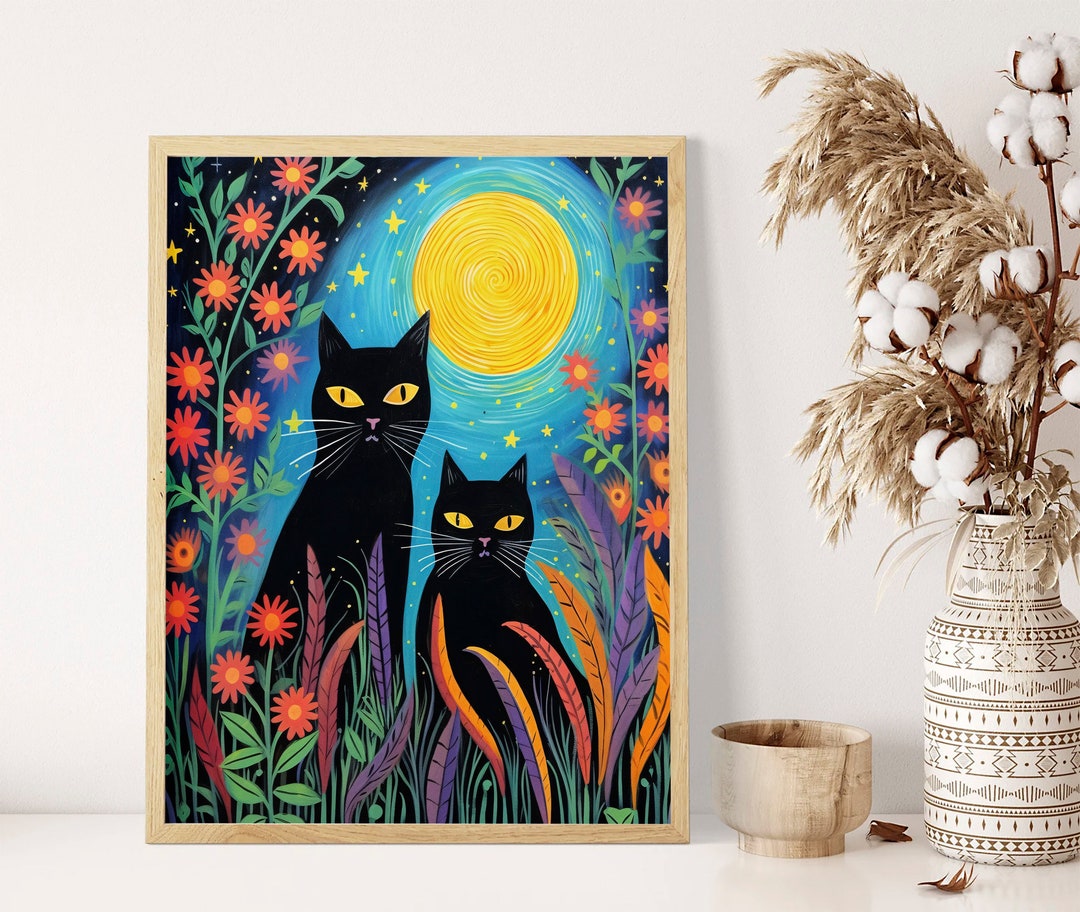 Black Cats and the Moon Art Print A4, A3, A2 Sizes Mystical Cat ...